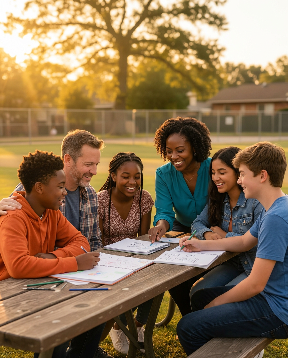 Adult counselor helping children with a supportive outdoor activity